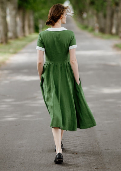 Classic Dress with Embroidered Garden Collar, Short Sleeve - Son de Flor