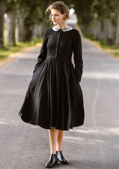 Classic Dress with Embroidered Meadow Peter Pan Collar, Long Sleeve#color_black-pansy