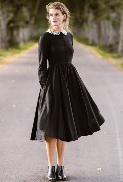 Classic Dress with Embroidered Garden Collar, Long Sleeve - Son de Flor