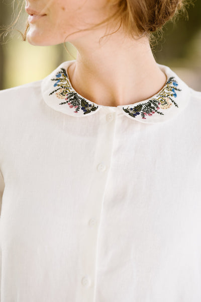 Classic Shirt with Embroidered Meadow Collar, Long Sleeve - Son de Flor#color_white-magnolia