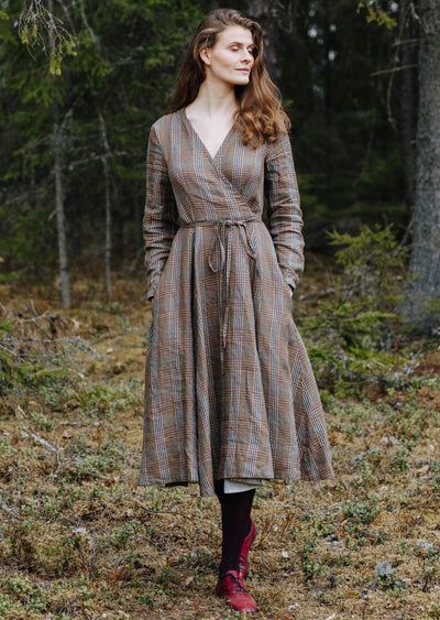 Wrap Dress, Long Sleeve#color_plaid-brown