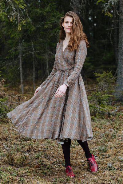 Wrap Dress, Long Sleeve#color_plaid-brown