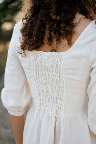 The back of the milky white hemp dress from Son de Flor