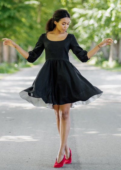 Son de Flor Mini Carmen Dress, 3/4 Sleeves, Black Pansy