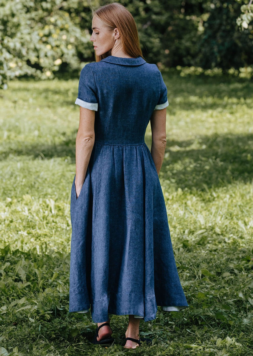 Midi Classic Dress, Short Sleeve, Twill Linen, Blue - Son de Flor