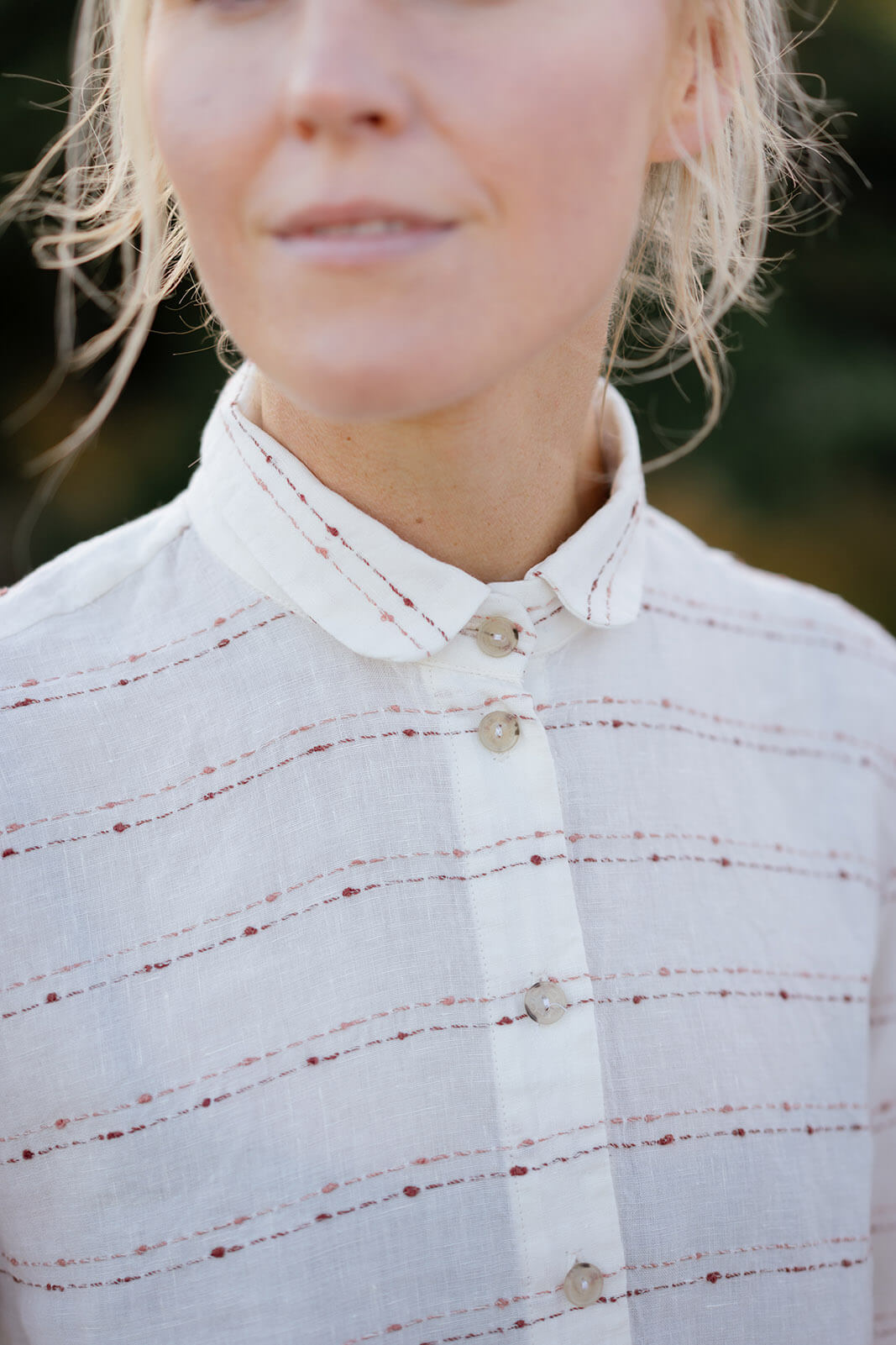Embroidered Sophie Shirt, Long Sleeve, Linen Material - Son de Flor#color_pink-stripe-on-white