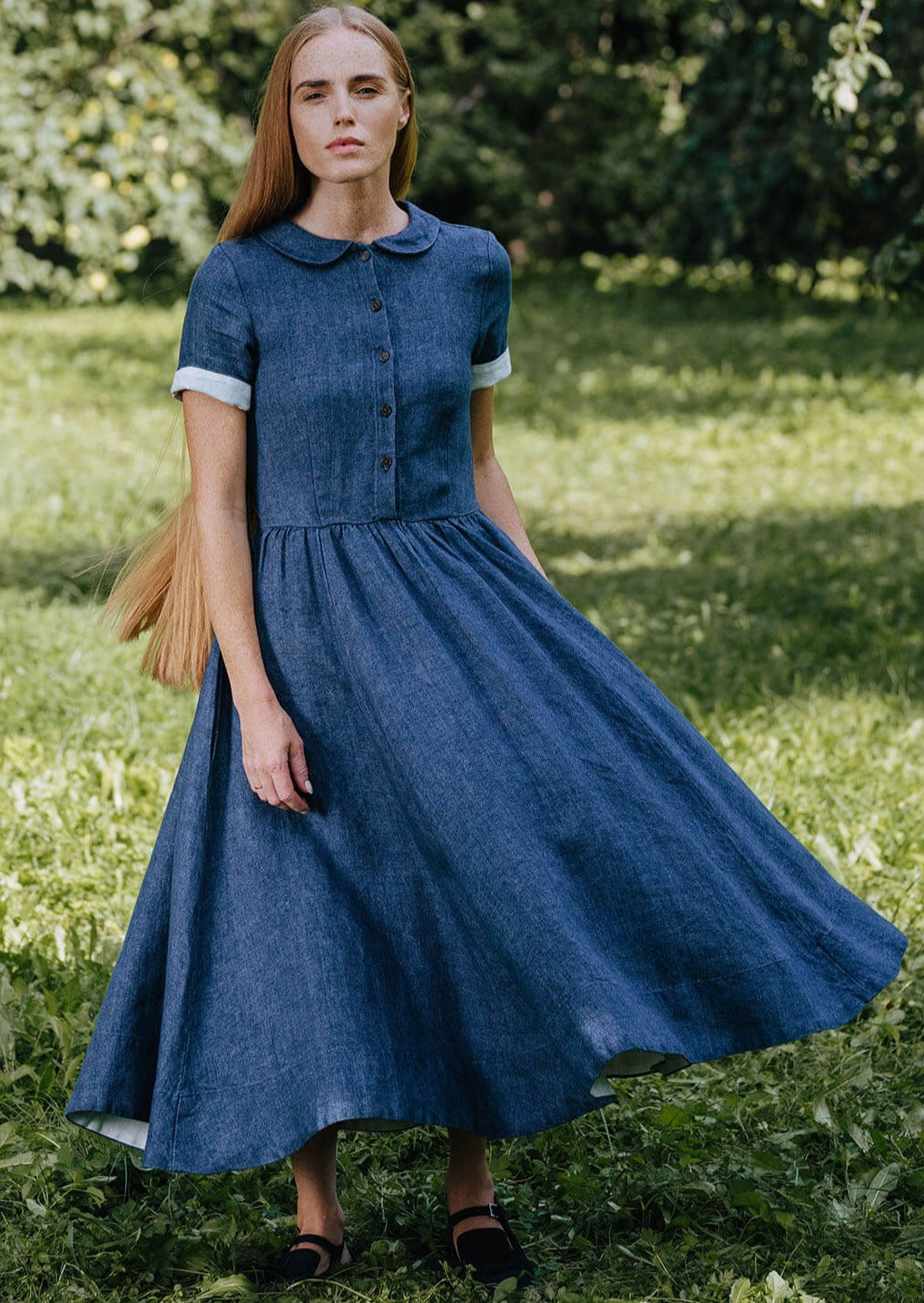 Midi Classic Dress, Short Sleeve, Twill Linen, Blue - Son de Flor