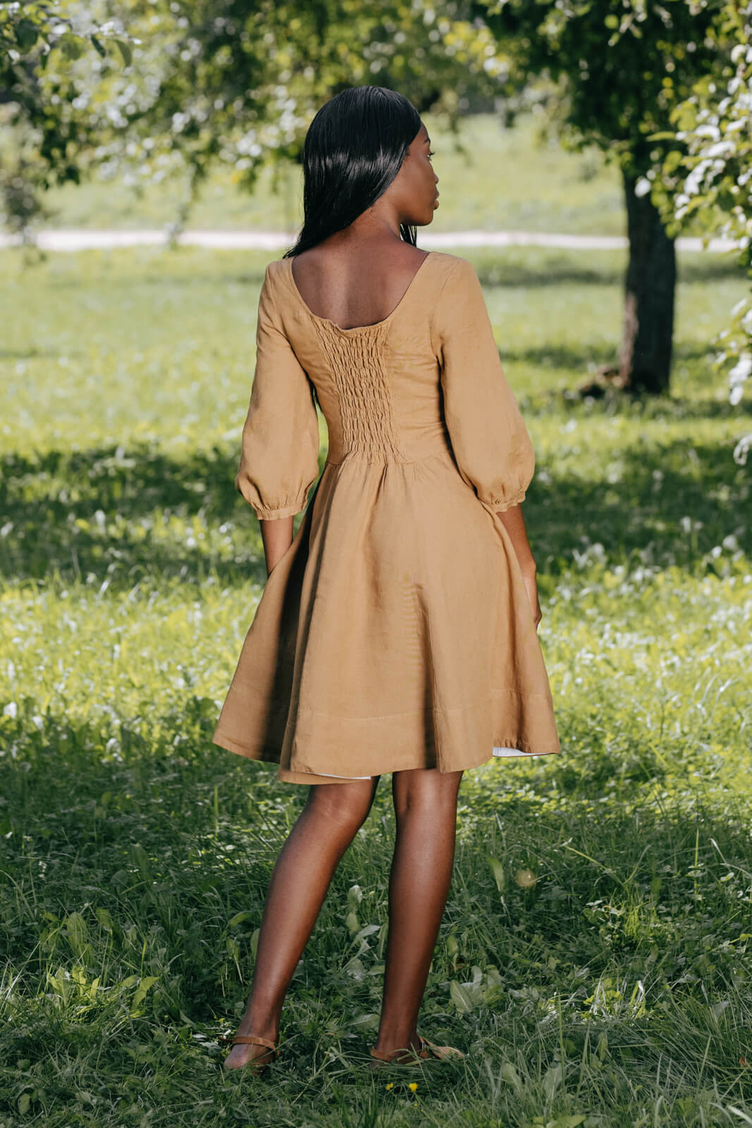 Mini Carmen Dress, Half Sleeve, Camel Brown, Linen Material - Son de Flor
