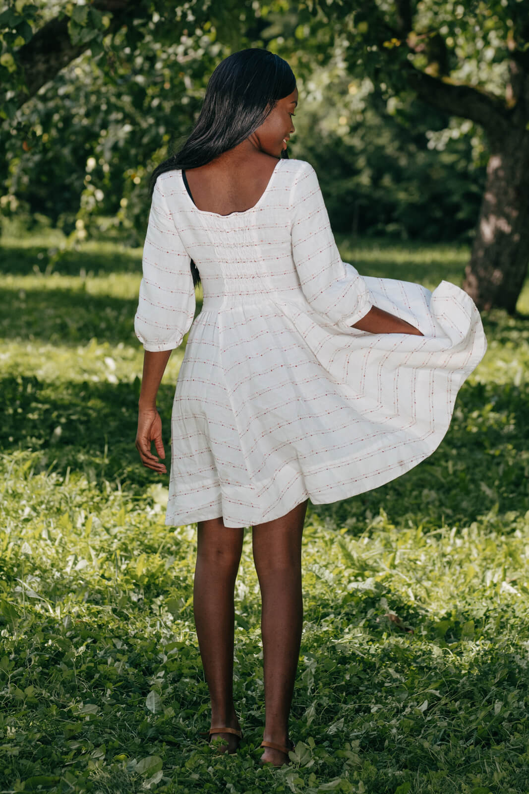 Mini Carmen Dress, Pink Stripe On White, Linen Material, Half Sleeve - Son de Flor