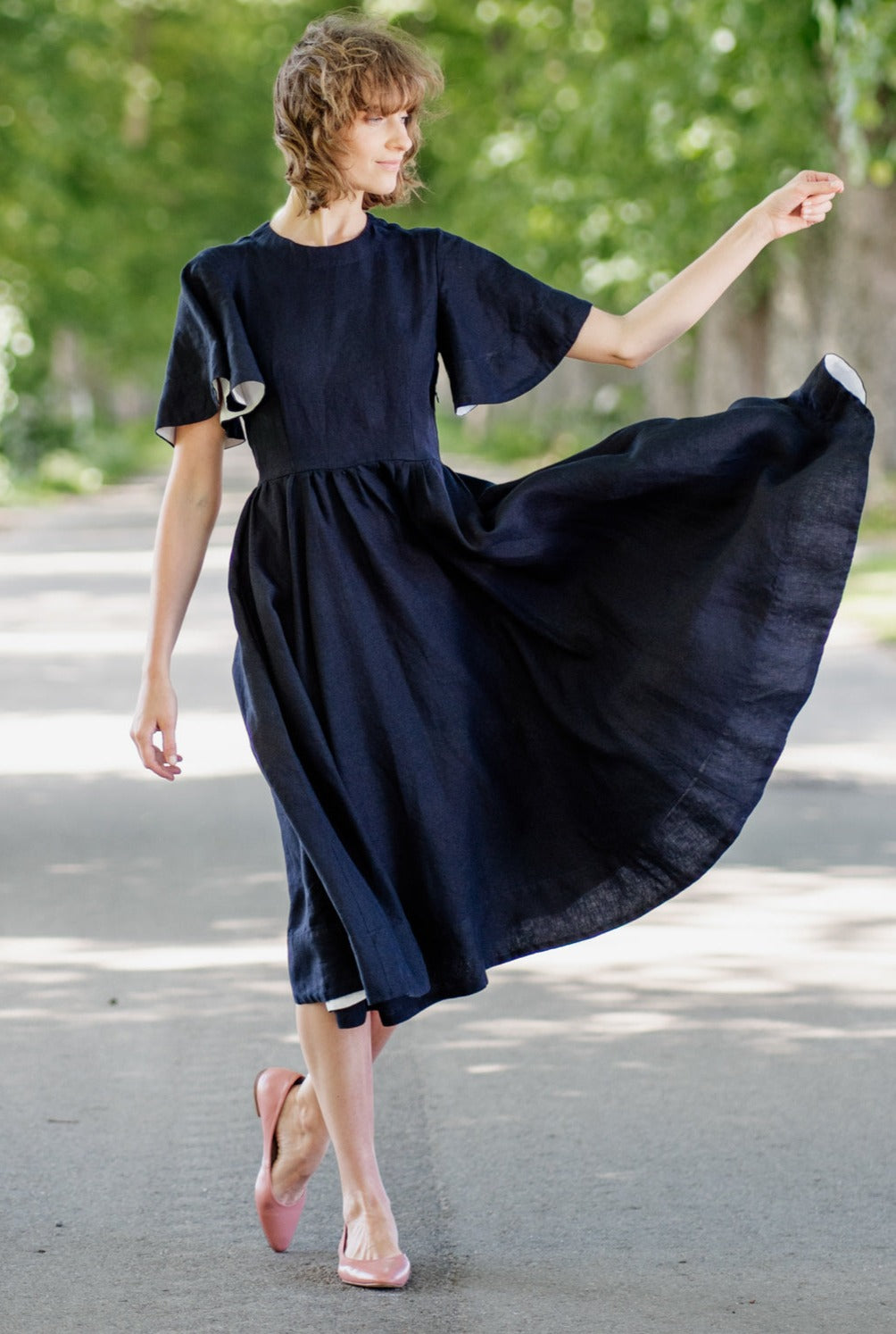 Butterfly Sleeve Dress, Short Sleeves#color_night-navy